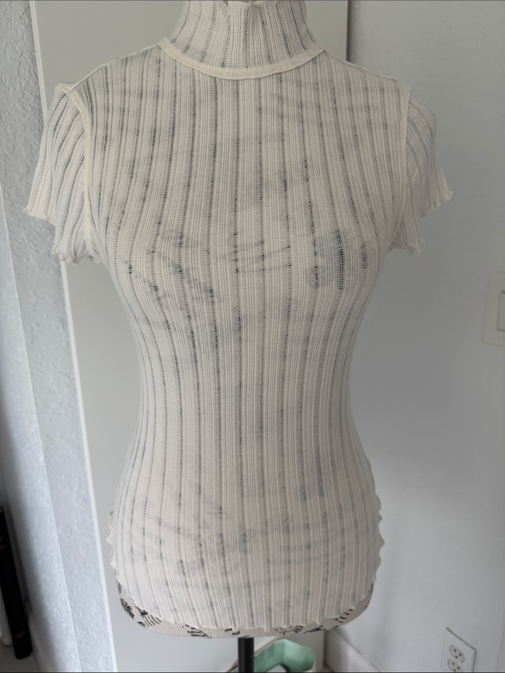 Free People  Cream Ribbed Short-Sleeve Mock Neck Top
